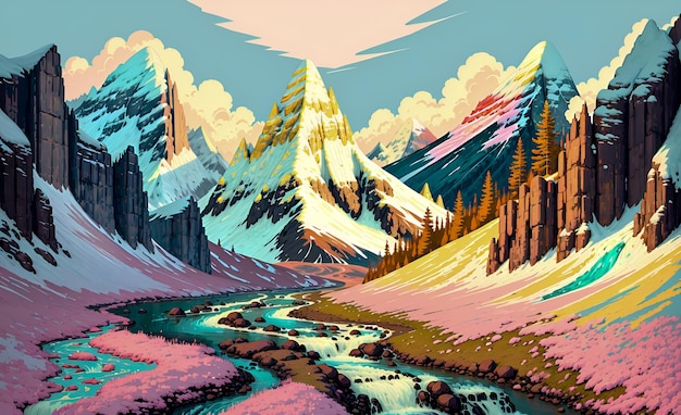 雪に覆われた山々の魔法の冬の風景壁アート絵画イラスト デザイン生成 AI 後処理