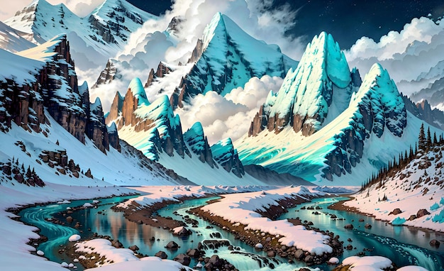 Snow covered Mountains magical winter landscape wall art painting illustration design Generative AI Post processed
