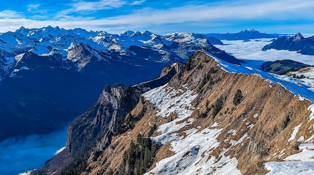 Snow covered mountains and ski slopes ski area Stoos