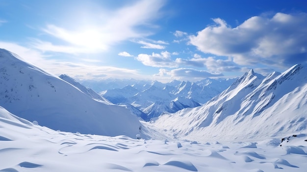 Snow covered mountains with a blue sky and clouds