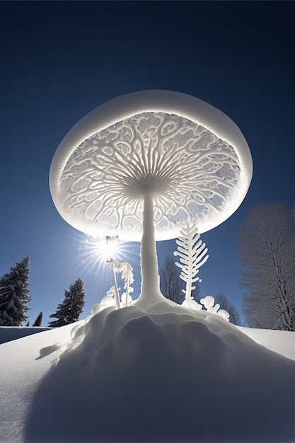 Snow covered mushroom sitting on top of a snow covered hill generative ai