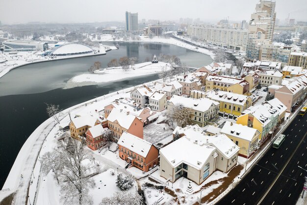 Snow-covered old center of Minsk from a height The Trinity suburb Belarus