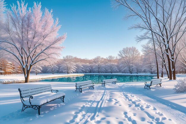 Snow covered park in the winter with a pond and benches.