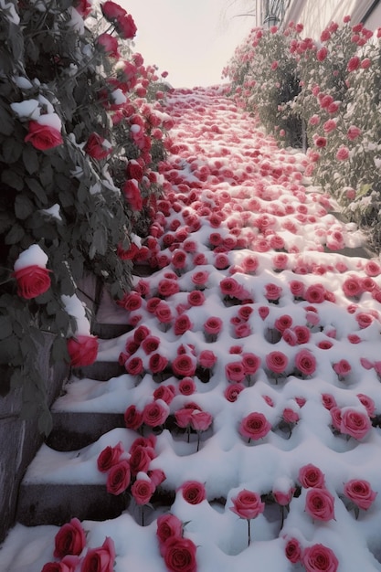 A snow covered path with red flowers and the word