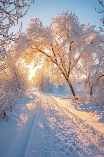 Snow covered pathway and tree