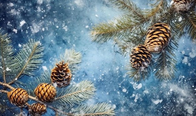 A snow covered pine branch with pine cones on it