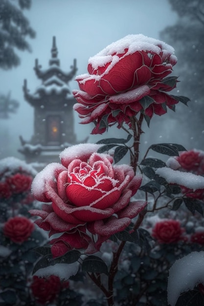 A snow covered red roses in front of a japanese lantern.