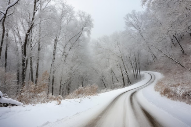 森の真ん中の雪に覆われた道路生成AI