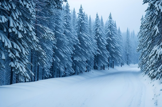 Snow covered road with a road and trees