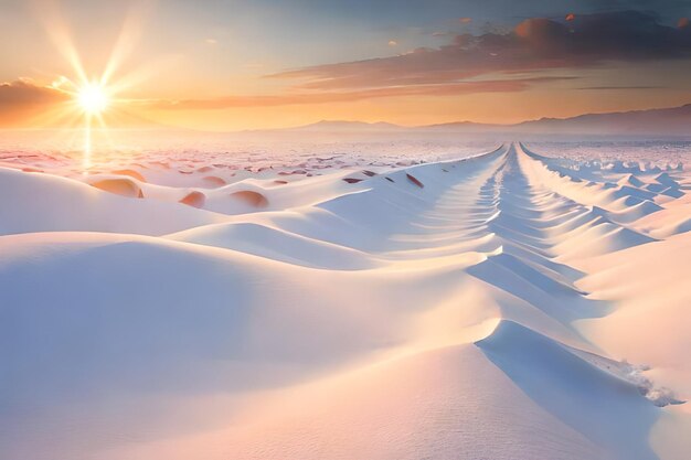 a snow covered road with a sun setting behind it