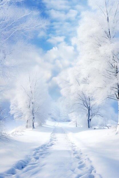 Foto una strada coperta di neve con alberi e nuvole sullo sfondo