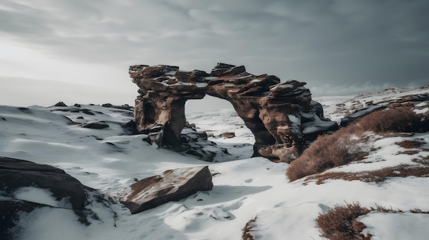 A snow covered rock formation in the snow