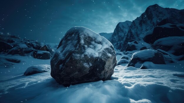 A snow covered rock in the snow with the word ice on it