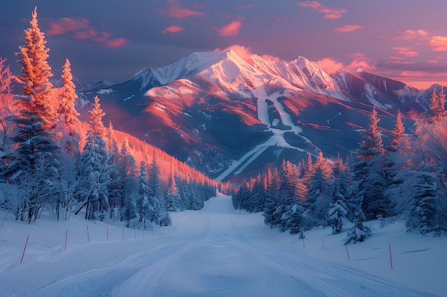 Snow Covered Ski Slope With Trees and Mountains