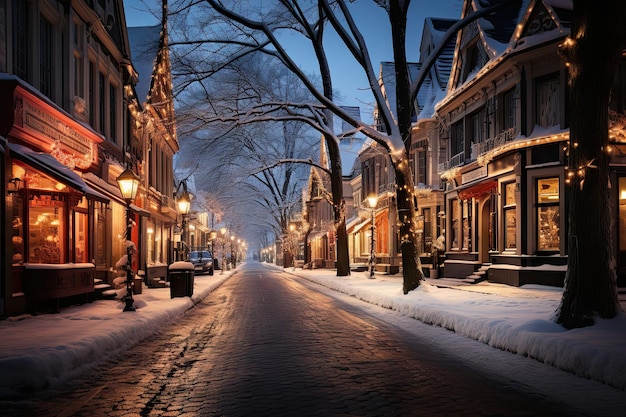 a snow covered street in the middle of wintertime with buildings and shops on both sides at night time