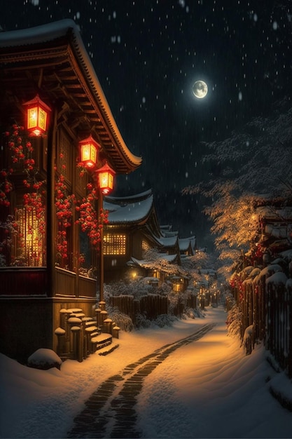 Snow covered street at night with a full moon in the sky generative ai