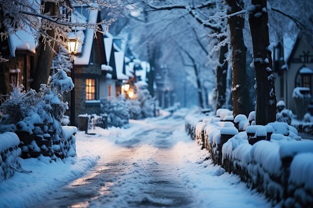 Snow covered street in the suburbs in winter on New Year's Eve