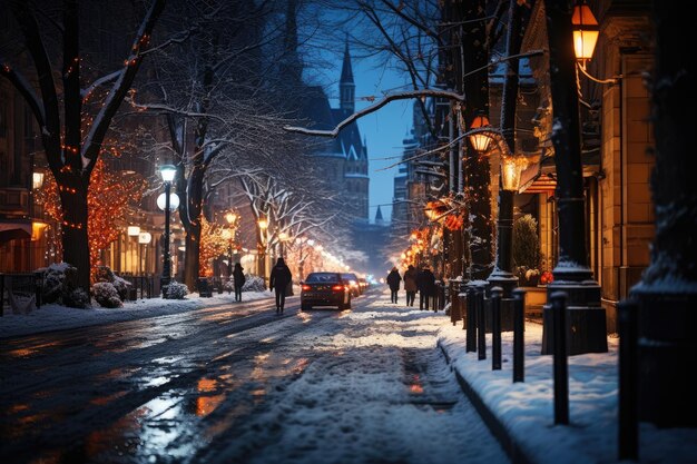 Photo snow covered street in the suburbs in winter on new year's eve