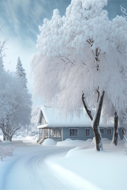 Snow covered tree in front of a house generative ai