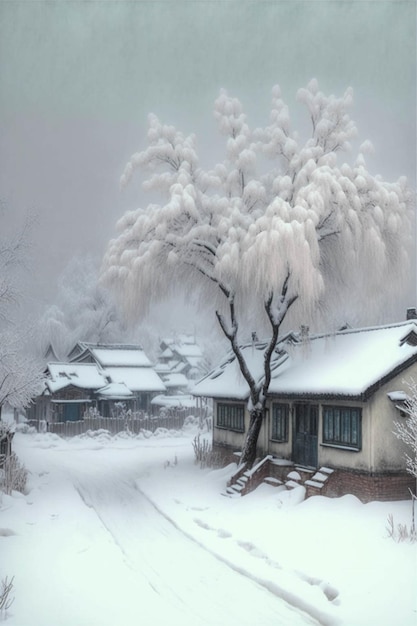 Snow covered tree in front of a house generative ai