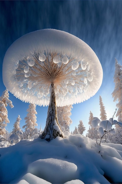 Snow covered tree in the middle of a snowy forest generative ai