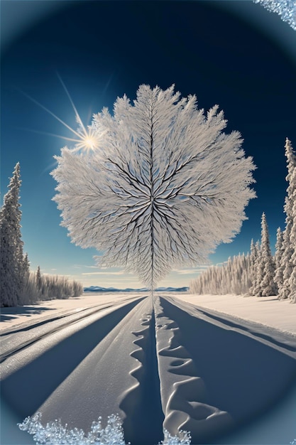 Snow covered tree sitting on the side of a road generative ai