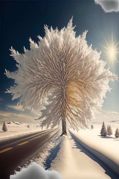 Snow covered tree sitting on the side of a road generative ai