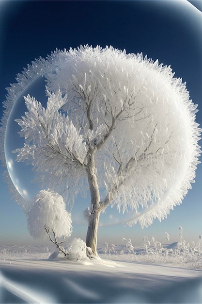 Snow covered tree sitting on top of a snow covered field generative ai