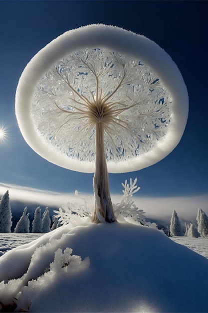 Snow covered tree sitting on top of a snow covered hill generative ai