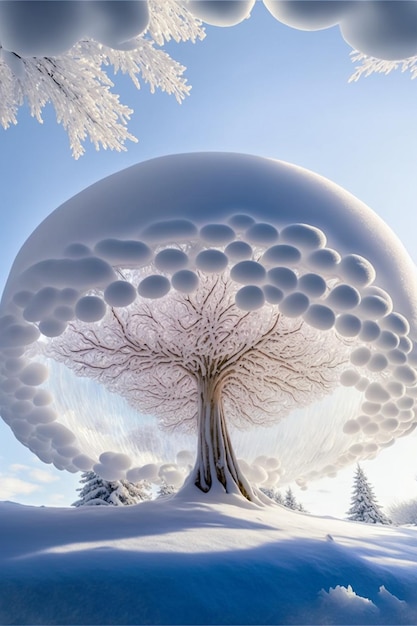 Snow covered tree sitting on top of a snow covered hill generative ai
