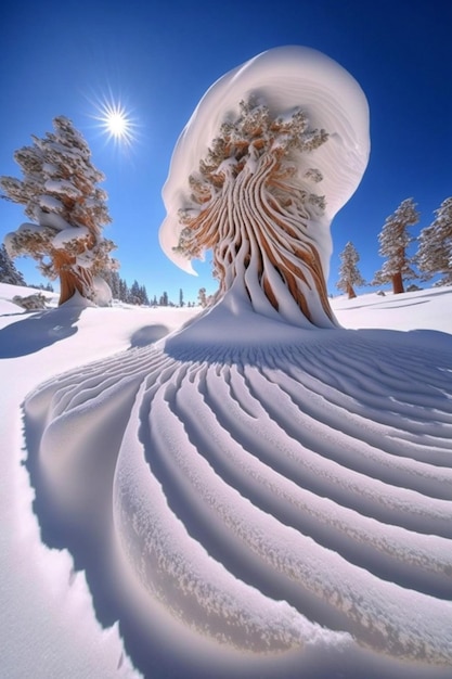 Snow covered tree sitting on top of a snow covered slope generative ai