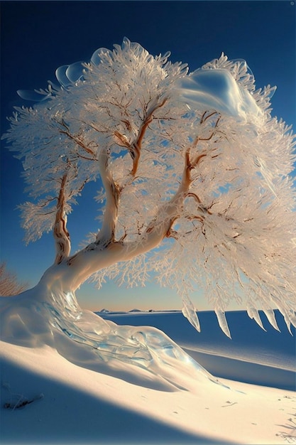 Snow covered tree sitting on top of a snow covered slope