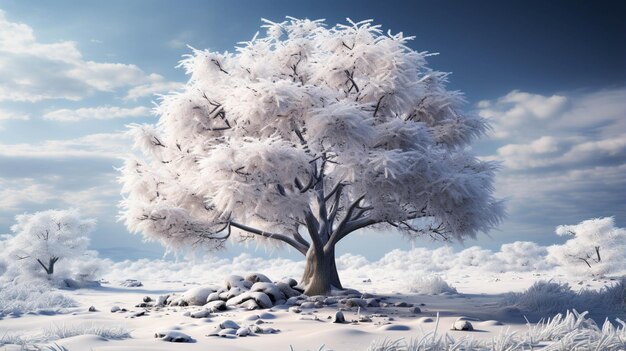 Заснеженное дерево с развевающимися снежинками на белом фоне.
