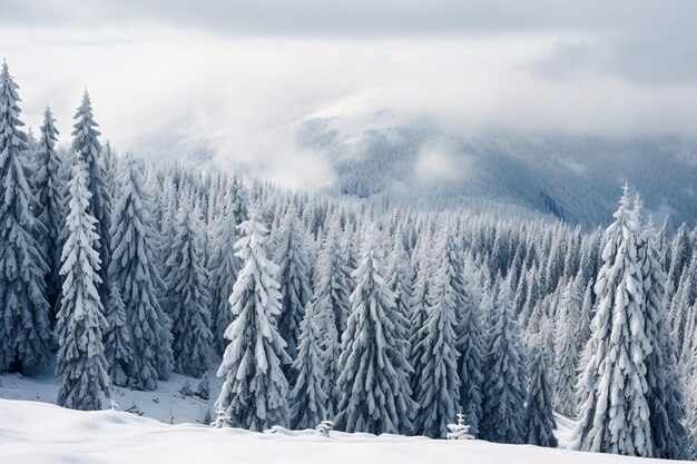 Snow covered trees against a mountain backdrop