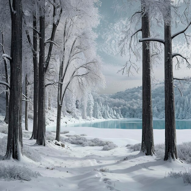 Snow covered trees in forest by frozen lake