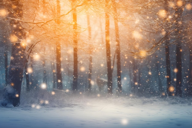 Snow covered trees in the forest with a light on the background