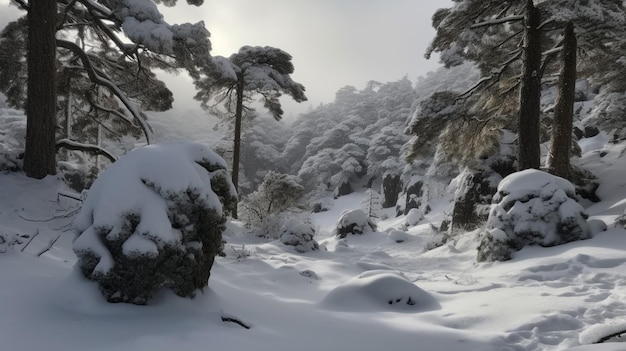 森の中の木々は雪に覆われ、前景に道があり、背景に雪に覆われた森があります。
