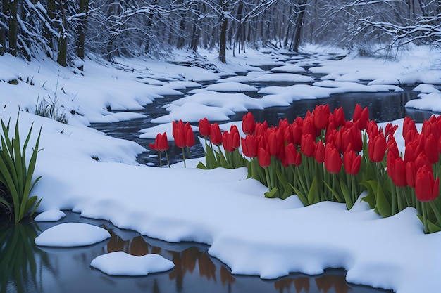 Snow covered tulips in the woods with a river in the background