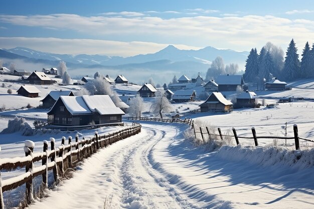 夕暮れの雪に覆われた村