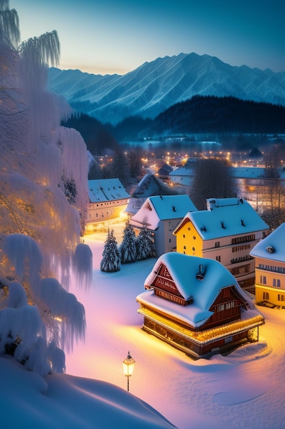 The snow covered village in the mountains