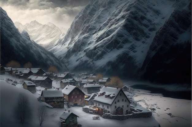 Snow covered village nestled in the mountains