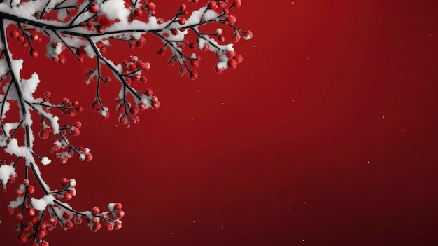 Snow covered winterberry branch ai generated banner background copy space Wildlife winter berries on red image backdrop empty Cold weather tree concept composition front view copyspace