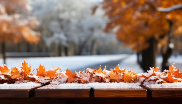 Snow covered wooden table with falling snowflakes and blurred forest background 16k super quality