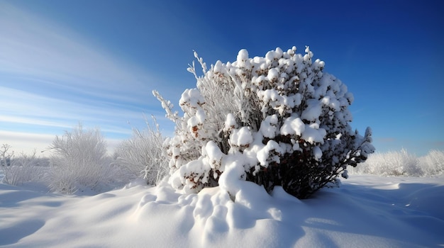 Snow covers a bush in winter.