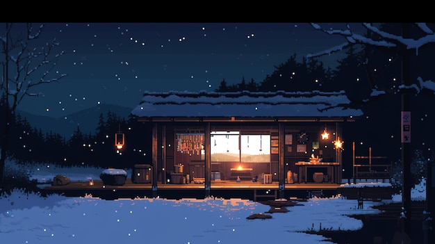 Foto cabina accogliente in neve pixel art