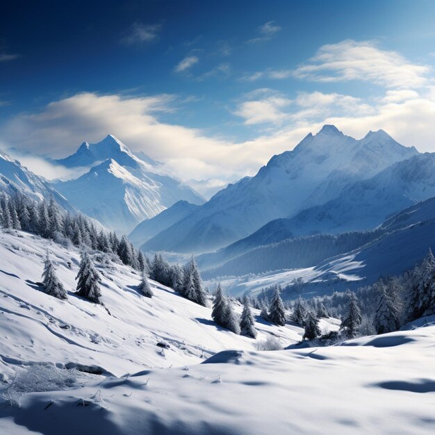 눈으로 인 산들은 평온하고 매혹적인 겨울의 기적의 나라를 형성합니다.