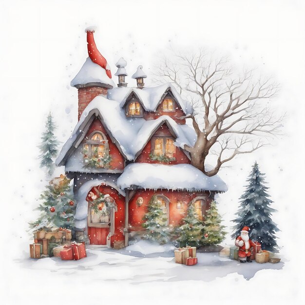 スノーマンズ・ハウスの雪の夢の水彩画