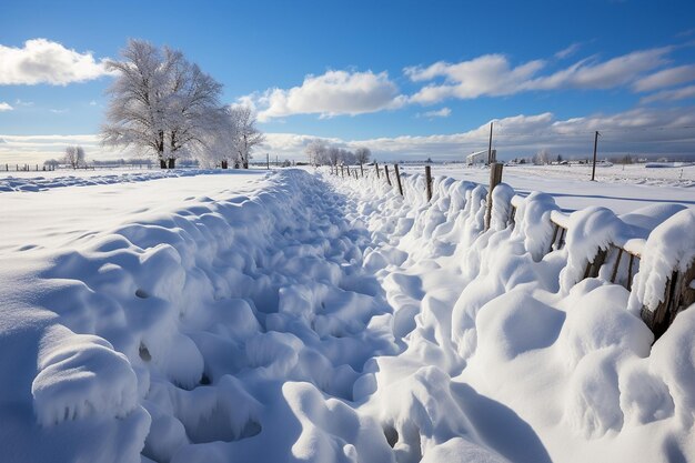 Snow drifts against a fence