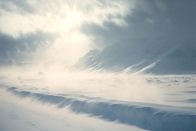 ブリザード中の雪砂丘のパノラマ 白く空っぽの凍った景色 架空の風景 ジェネレーティブ AI