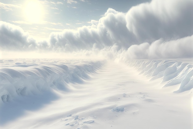 Snow dunes panorama during blizzard White and empty frozen scenic imaginary landscape Generative AI